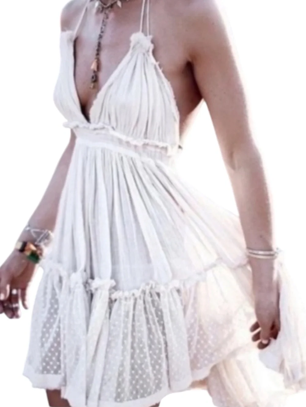 Plunging V-Neck Cream Mini Dress with Tiered Skirt